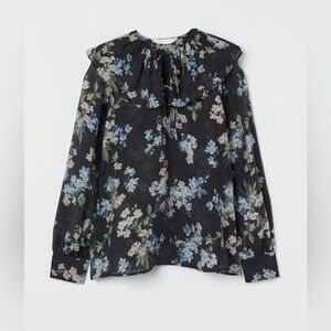 NWT H&M Women’s Floral Print Flounce-Collared Blouse Top Black Sz S